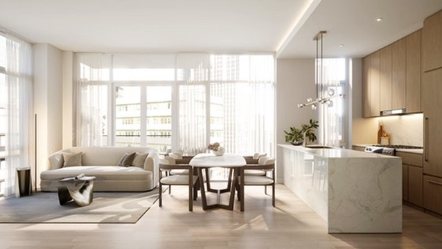Rendering of the open living, dining, and kitchen space at The Moon 27